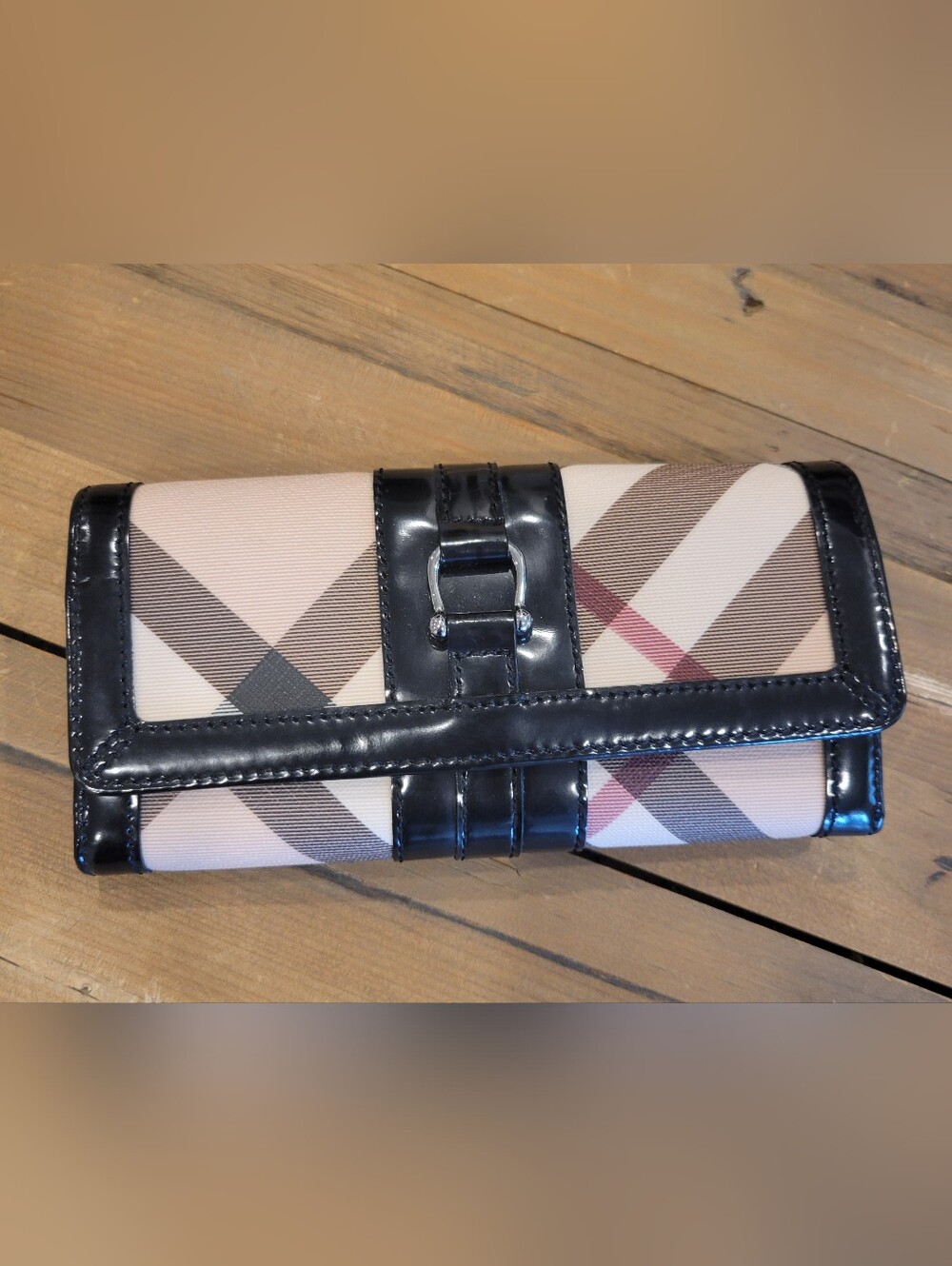 Authentic Burberry Plaid Continental Clutch Wallet with Black Trim